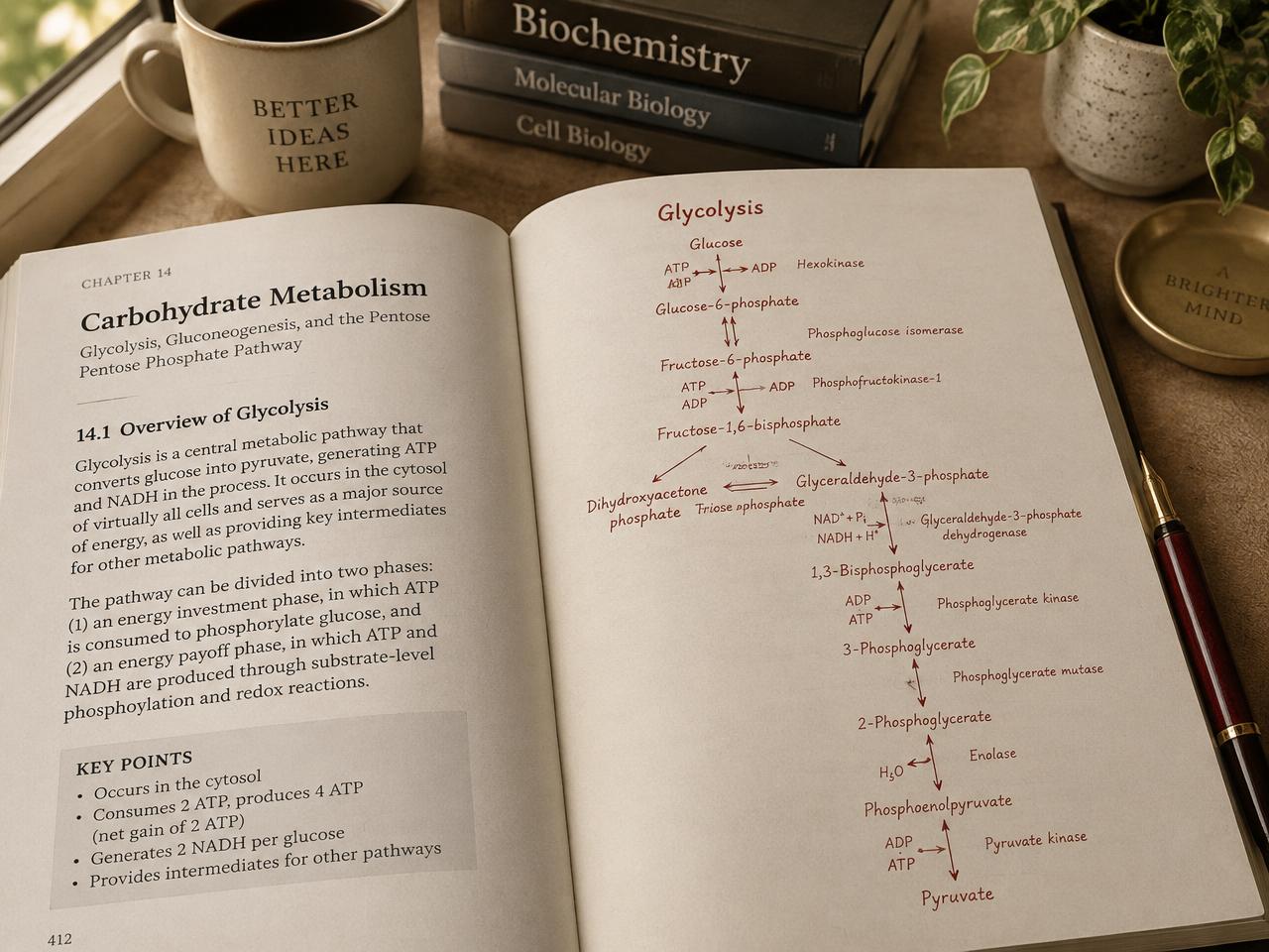 Open biochemistry textbook with a handwritten glycolysis pathway